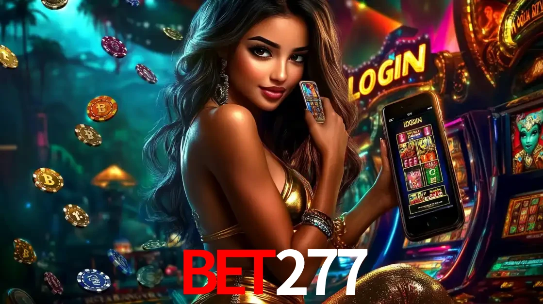 Mulher em um cenário de cassino temático de aventura, mostrando o app de caça-níqueis da BET277 no celular. Fichas de apostas flutuam ao redor.